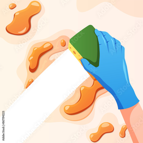 Illustration hand in gloves with sponge wipes oil.