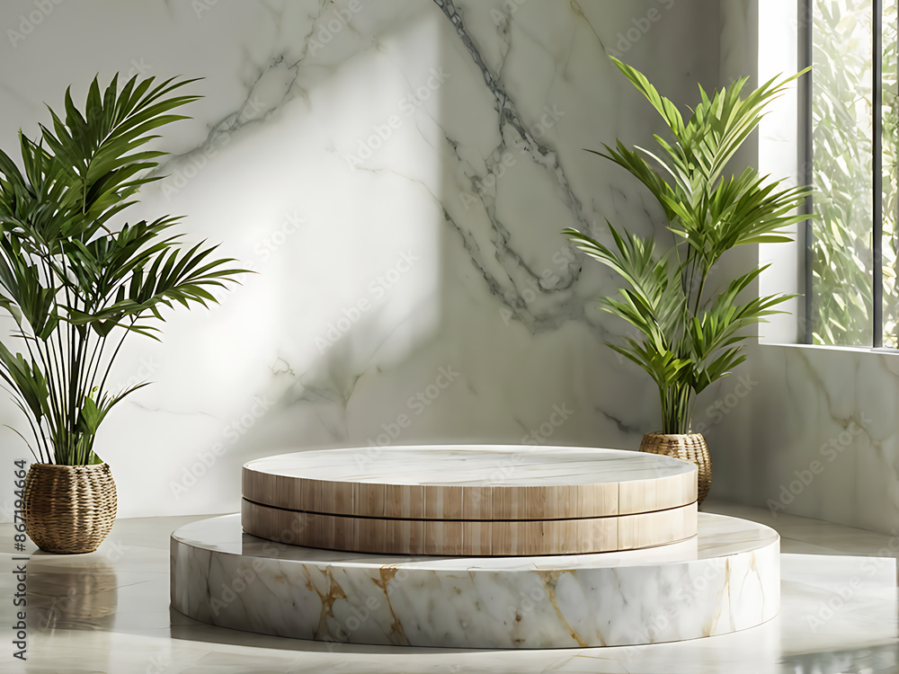  Podium background display bamboo product 3D platform cosmetic plant beauty. Podium white background display green leaf shadow marble stand presentation nature space empty scene stone fresh light. 

