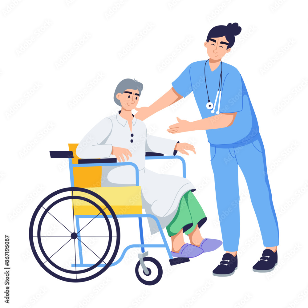 Role of nurse in handicapped patient care, flat illustration Role of nurse in handicapped patient care, flat illustration