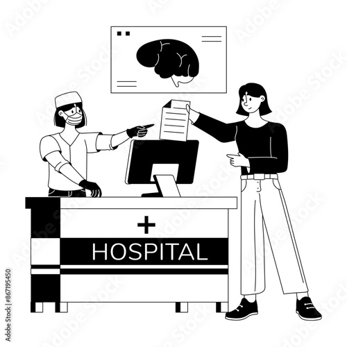 An illustration of hospital reception in glyph style 