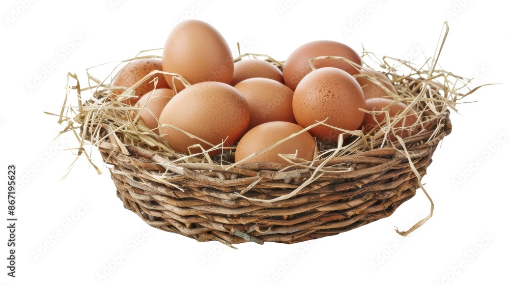 Fresh Farm Eggs in a Woven Basket with Straw Fresh Farm Eggs in a Woven Basket with Straw
