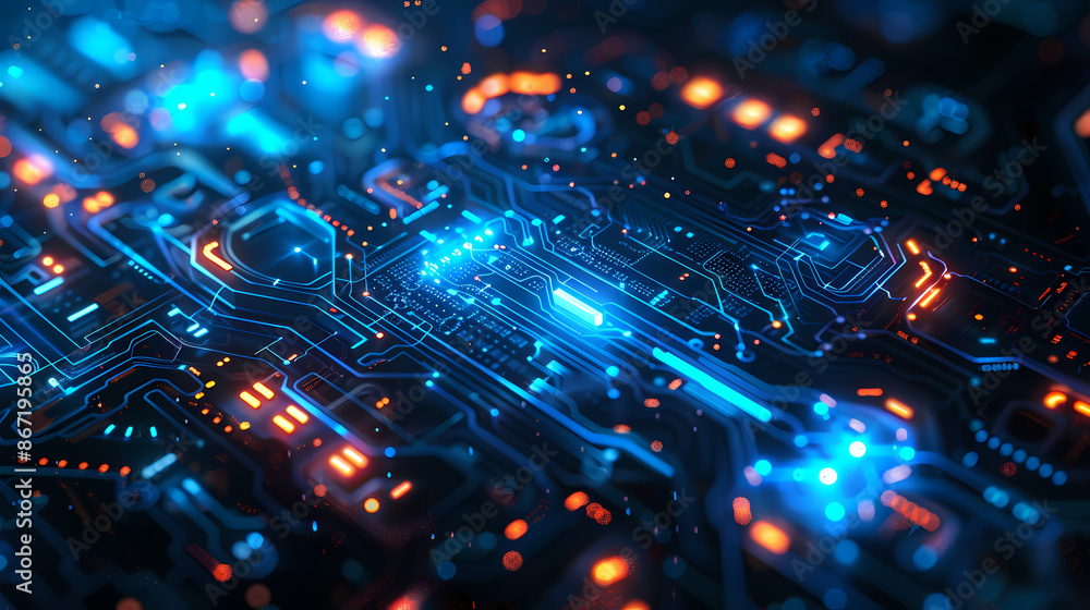 Close-up view of a futuristic circuit board with glowing blue and orange lights. Close-up view of a futuristic circuit board with glowing blue and orange lights.