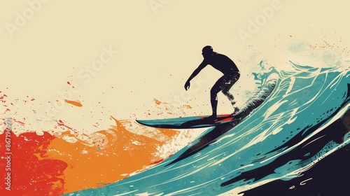 Retro minimalist surfing illustration, depicting a surfer on a wave with 60s-inspired graphics, simple yet nostalgic aesthetic