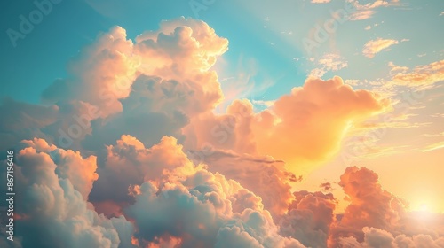 Sky with orange and yellow hues, blue backdrop, clouded foreground, detailed cloud textures, warm and tranquil, sunset glow
