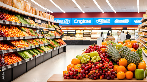 A wooden table used to display products, with a blurred supermarket shelf in the background, displaying a variety of products and fruits on the shelves photo