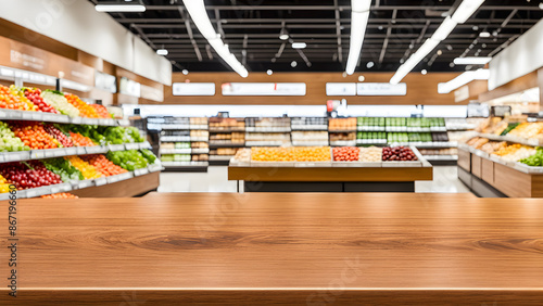 A wooden table used to display products, with a blurred supermarket shelf in the background, displaying a variety of products and fruits on the shelves photo