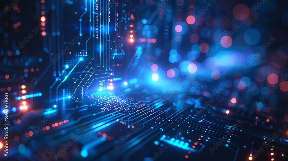 Close-up view of a glowing circuit board with blue and orange lights, symbolizing advanced technology and digital connectivity. Close-up view of a glowing circuit board with blue and orange lights, symbolizing advanced technology and digital connectivity.