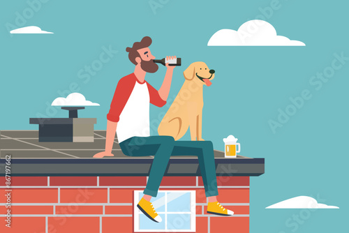 self love concept. drunk single - bachelor man - guy,  drinking beer with dog on house roof. happy summer. beautiful sky . minimal flat cartoon vector drawing art illustration 