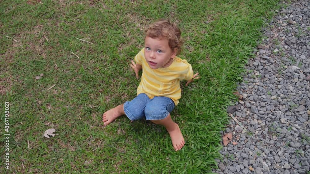 Funny toddler boy sits sprawled on grass, gazing upward with hurt and puzzled expression. It seems he was playing and got pushed, feeling unsure and distracted. His tiny face shows indecision Funny toddler boy sits sprawled on grass, gazing upward with hurt and puzzled expression. It seems he was playing and got pushed, feeling unsure and distracted. His tiny face shows indecision