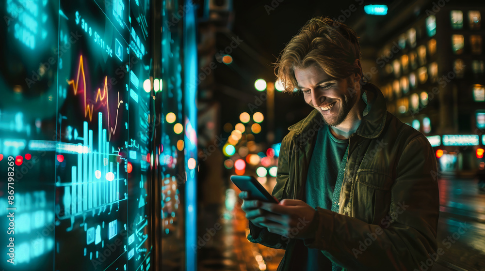At night in a city, a man smiles while checking stock market data on his phone. The glowing screen reflects financial information, enhancing the atmosphere