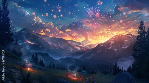 Fireworks over a mountain range, people camping and watching the display, celebrating Independence Day, serene and majestic scene, digital art