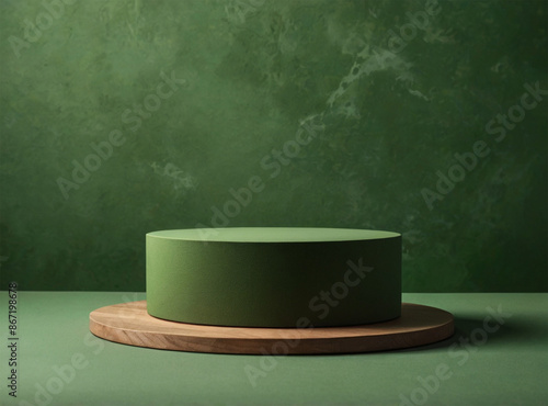 Green cylinder pedestal podium set with army green background. Minimalist scene for product presentation.