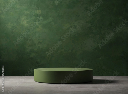 Army green cylinder pedestal podium set with army green background. Minimalist scene for product presentation.