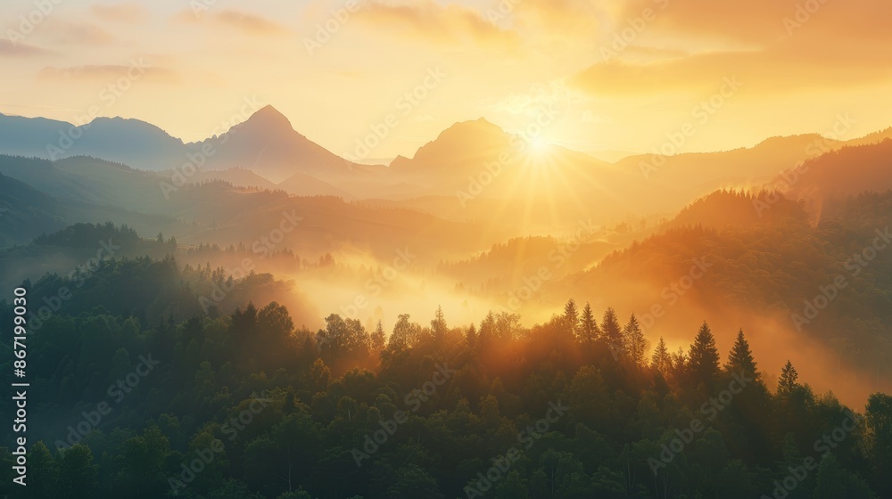 Sunrise over misty mountain range, golden rays cutting through fog, forest in morning light, serene and majestic view Sunrise over misty mountain range, golden rays cutting through fog, forest in morning light, serene and majestic view