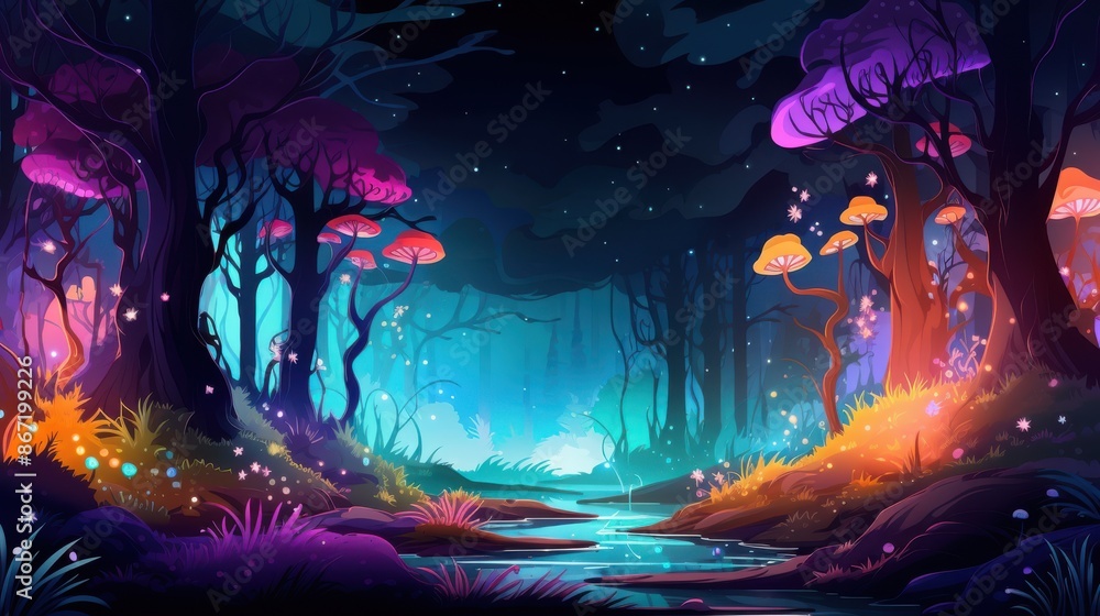 Magical Glowing Forest at Night. An Enchanted Forest Scene with Vibrant Colors Magical Glowing Forest at Night. An Enchanted Forest Scene with Vibrant Colors