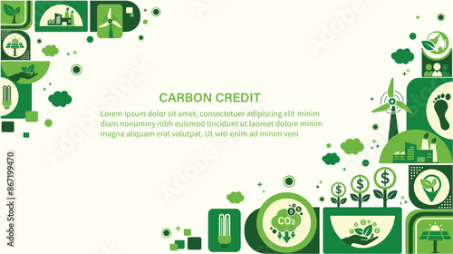 The concept of carbon credit and carbon footprint with icons.Tradable certificate to drive industry and company to the direction of low emissions and carbon offset solution.Green vector template.