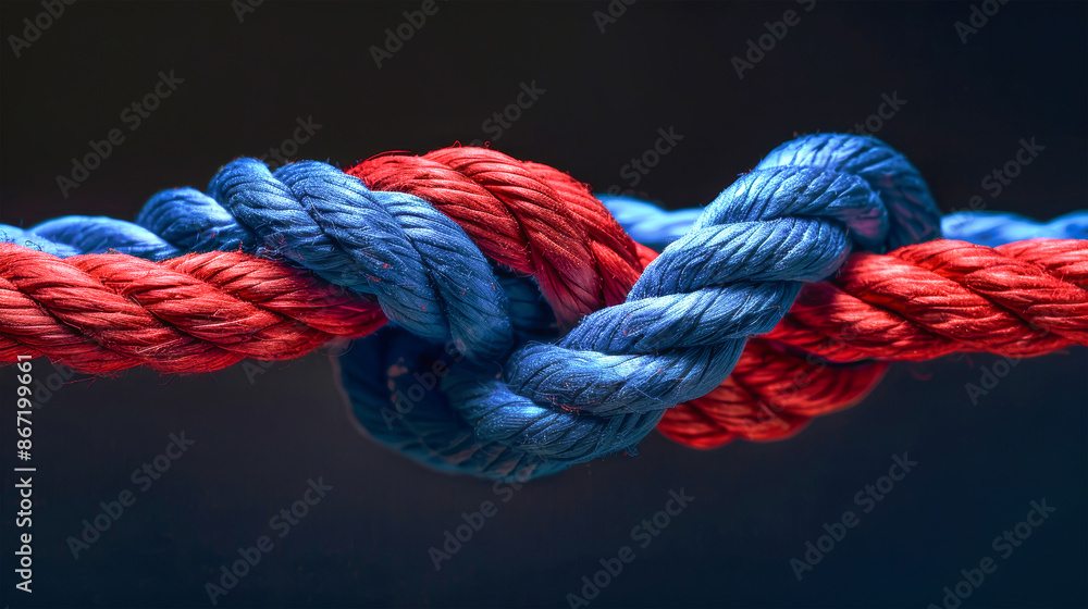 A close-up shot of red and blue ropes intertwined, forming a knot. The vibrant colors symbolize strength in love or a joining of forces A close-up shot of red and blue ropes intertwined, forming a knot. The vibrant colors symbolize strength in love or a joining of forces