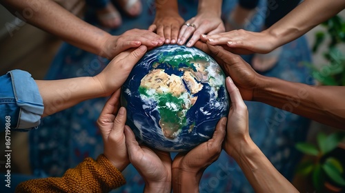 Diverse hands forming a circle around the Earth for International Day of Families, emphasizing unity and family values. Copy space for text, sharp focus, and clear light. High clarity, no grunge,