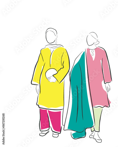 Hand drawn line art vector of Pakistani couture. Women in modest Pakistani dressing.