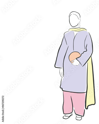 Hand drawn line art vector of Pakistani couture. Women in modest Pakistani dressing.