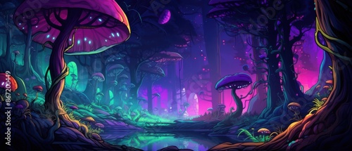 Glowing mushrooms and trees in an enchanted forest. Fantasy, magic, and surreal landscape.