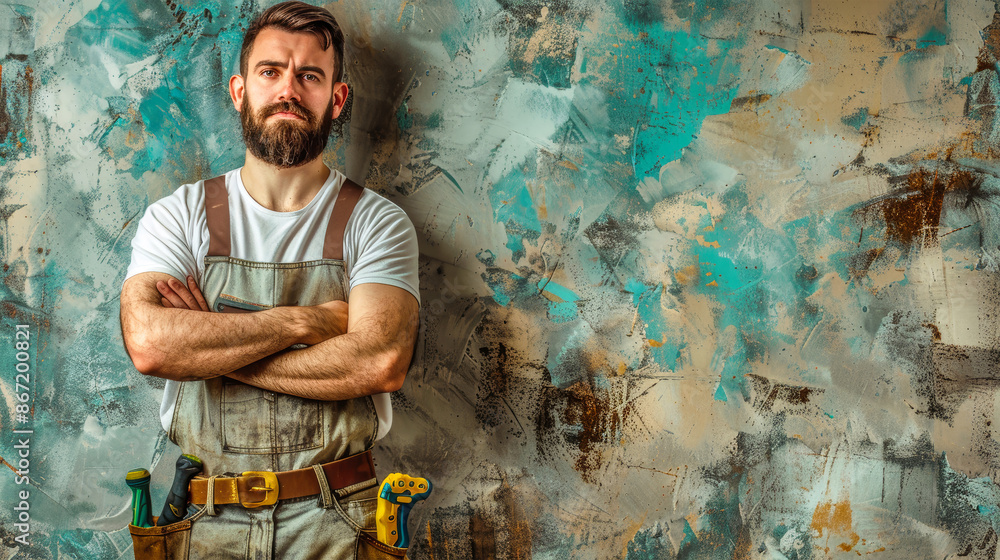 Obraz premium A man in work overalls stands confidently against a weathered wall, his arms crossed, displaying a sense of determination
