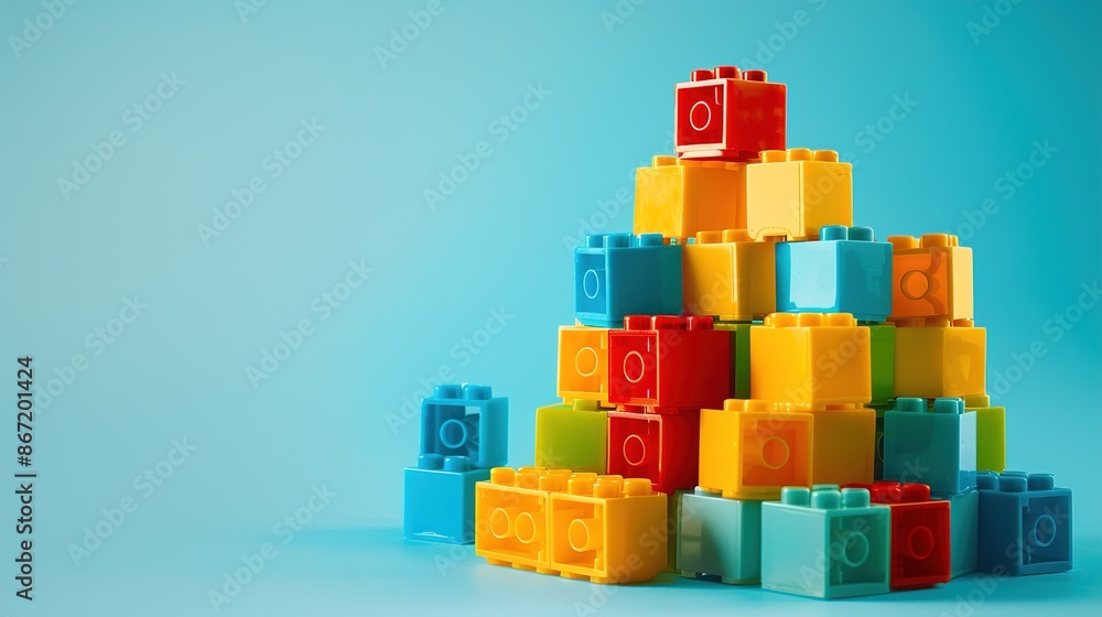 Fototapeta premium A detailed image of a set of building blocks, arranged in a creative structure, against a solid light blue background, with crisp edges and bright colors.