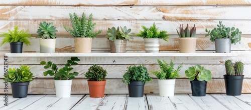 Green indoor plants in pots, succulents on a pristine white wooden background