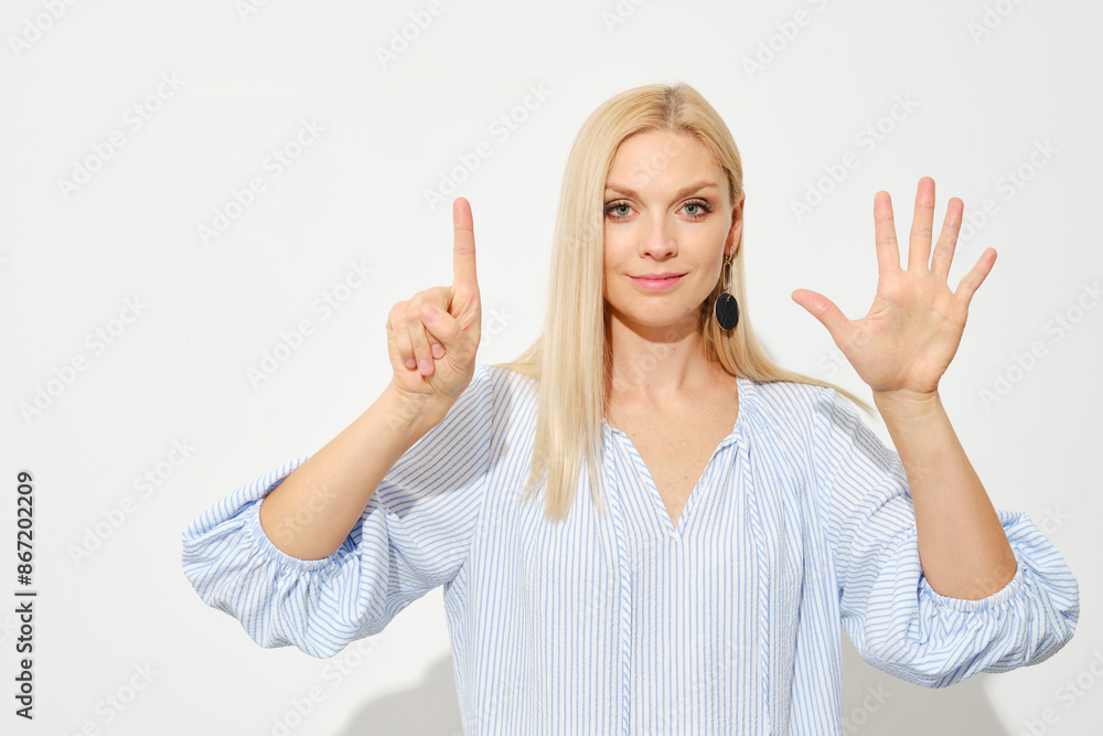 Woman shows six fingers. Counting with fingers. Woman shows six fingers. Counting with fingers.