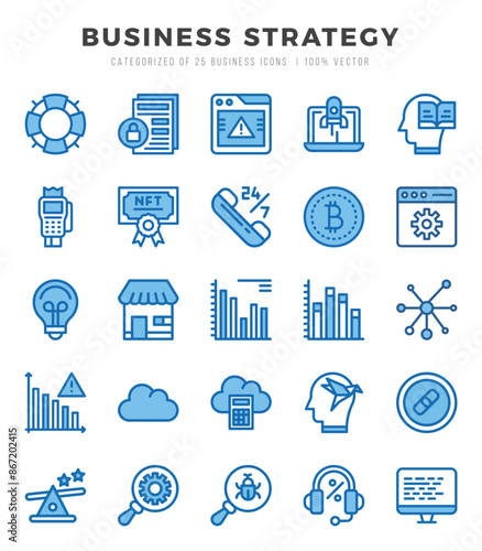 Set of Business Strategy Icons. Simple Two Color art style icons pack.