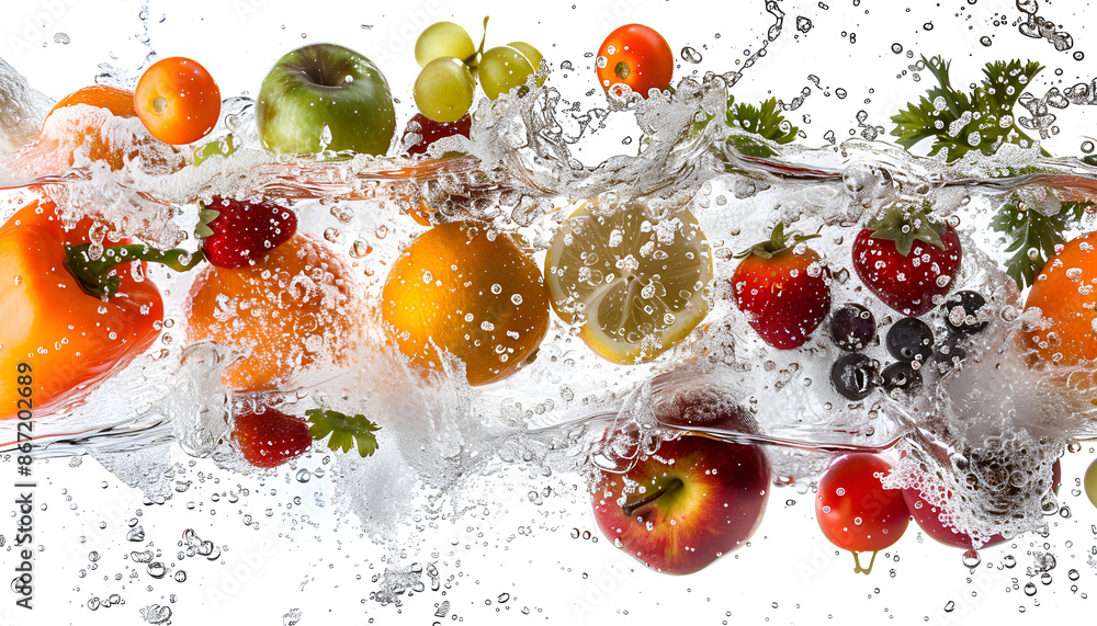 fresh fruits and vegetables in water on a white background fresh fruits and vegetables in water on a white background