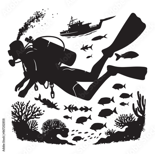 A vector Scuba diving silhouette vector isolated on white background.