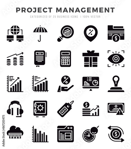 Project Management Glyph icons collection. Glyph icons pack. Vector illustration