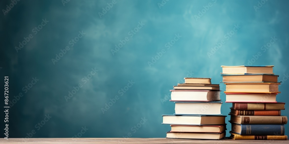 Stacks of Books on Wooden Table with Teal Background Stacks of Books on Wooden Table with Teal Background