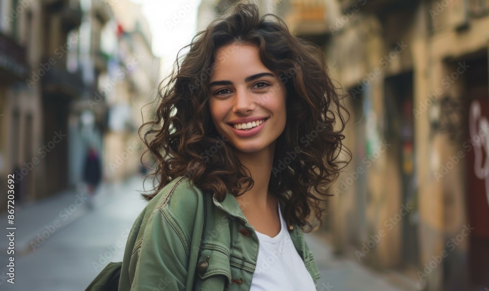 Portrait of a smiling young woman with long brown hair wearing a white shirt and a green jacket. AI. Portrait of a smiling young woman with long brown hair wearing a white shirt and a green jacket. AI.