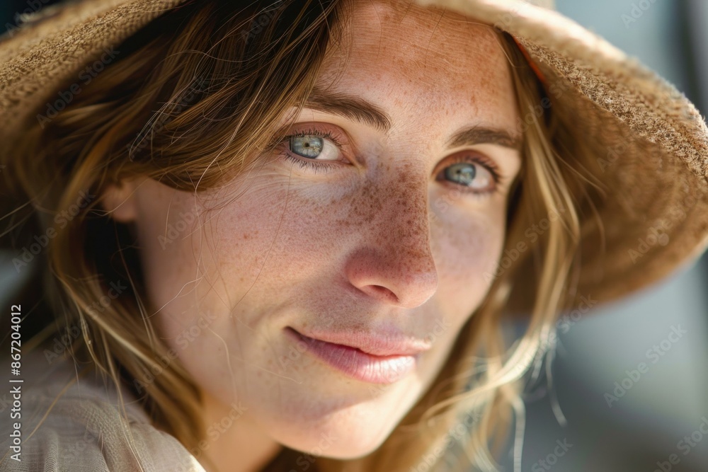 Portrait of a beautiful young woman with freckles smiling in the sun wearing a straw hat Portrait of a beautiful young woman with freckles smiling in the sun wearing a straw hat
