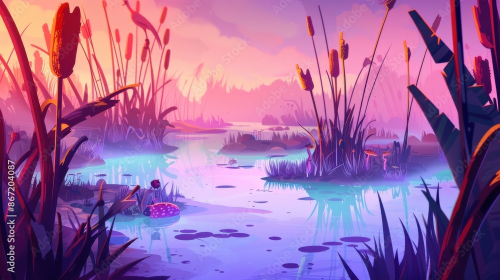 Vibrant Fantasy Swamp Landscape at Sunset. Serene Nature Illustration Vibrant Fantasy Swamp Landscape at Sunset. Serene Nature Illustration