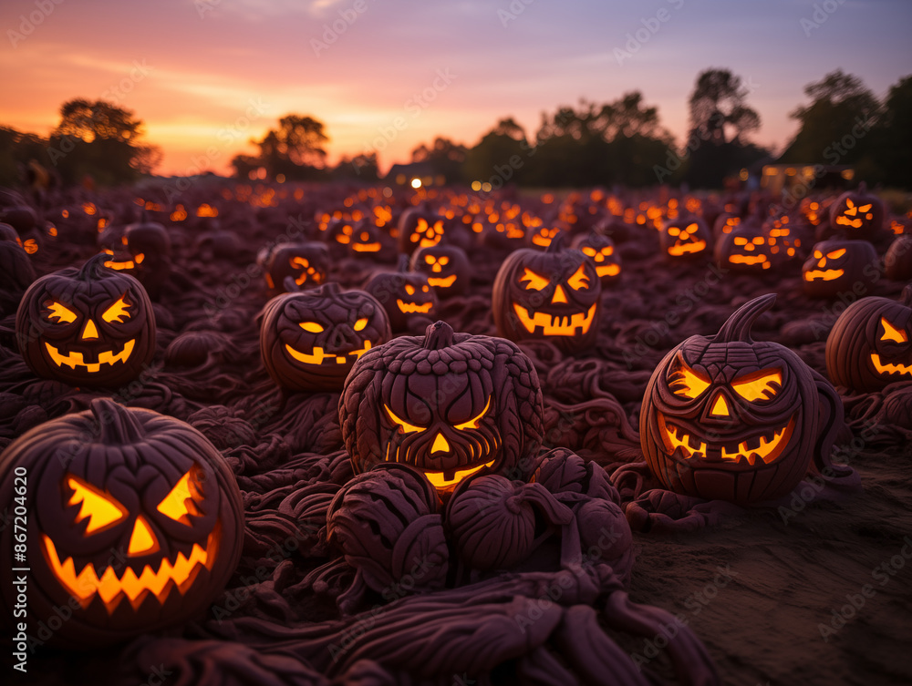 A field filled with carved jack-o'-lanterns for Halloween Day A field filled with carved jack-o'-lanterns for Halloween Day