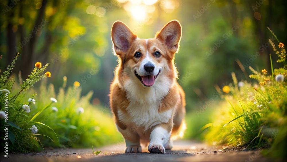 red dog welsh corgi pembroke for a walk in summer red dog welsh corgi pembroke for a walk in summer