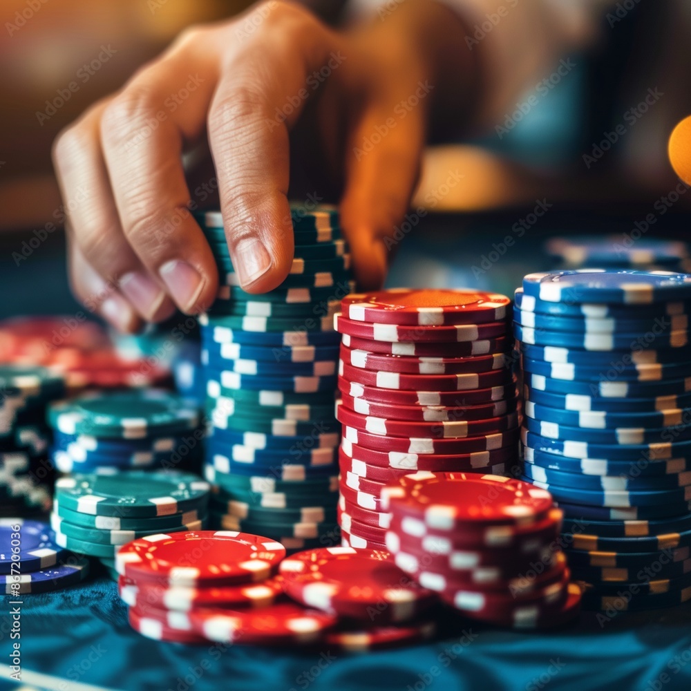 Close up of croupier hand putting chips in a casino ready to play poker game Close up of croupier hand putting chips in a casino ready to play poker game