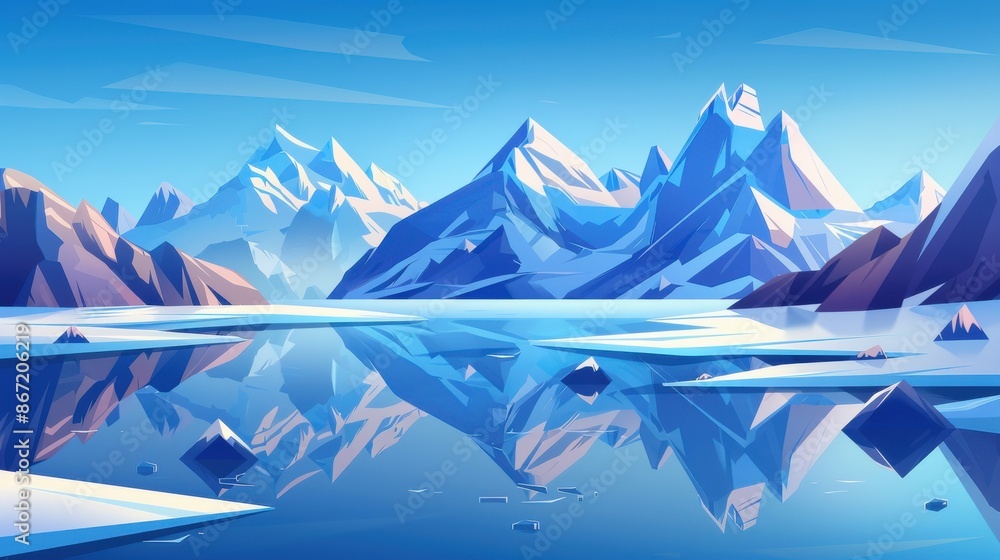 Stunning Vector Landscape of Majestic Snow-Capped Mountains Reflected in a Glacial Lake. A Serene Winter Wonderland Scene