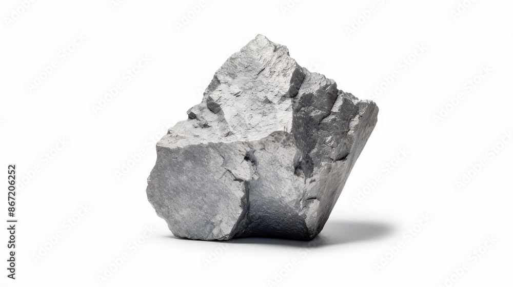 Naklejka premium Detailed closeup of a single gray rock against a white backdrop, showcasing its rough, textured surface.