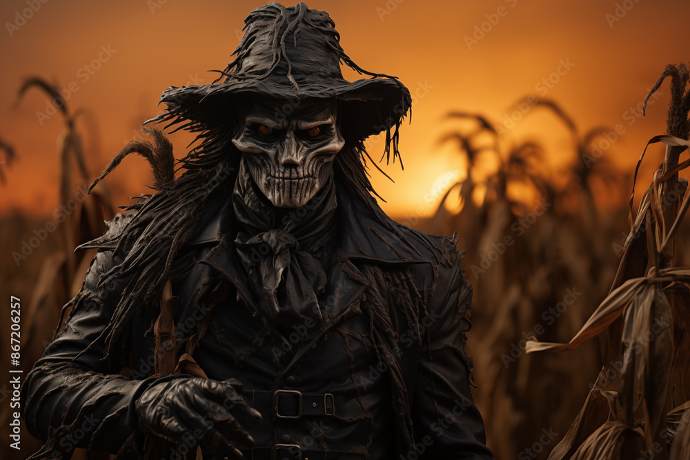 Fototapeta premium A sinister scarecrow in a cornfield, its head a carved pumpkin and its clothes in tatters