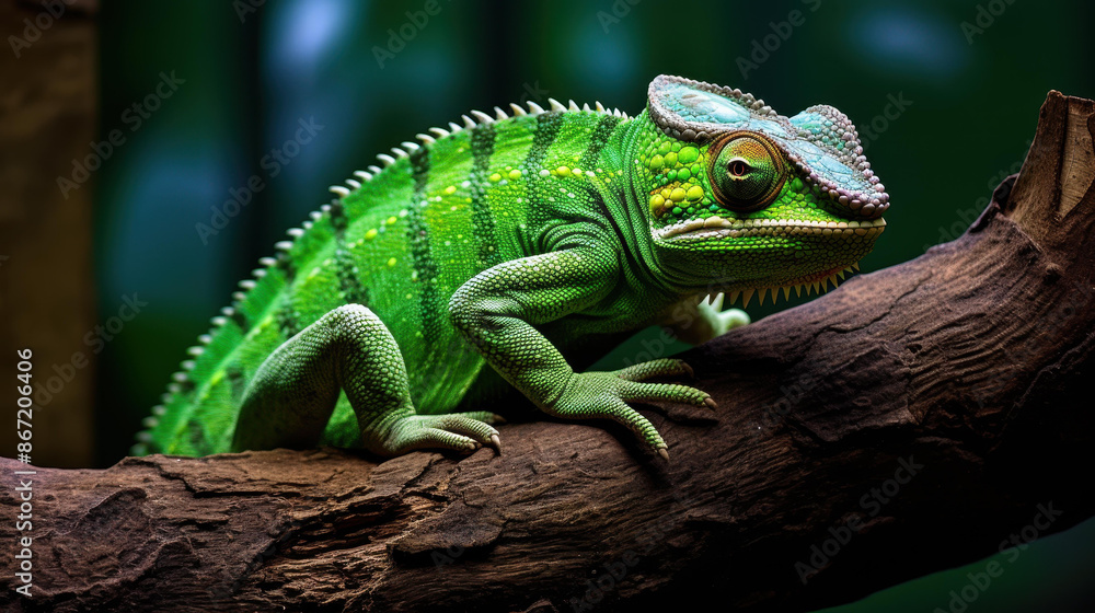 Vibrant chameleon sporting a matching green scarf, camouflaged on a tree branch. Vibrant chameleon sporting a matching green scarf, camouflaged on a tree branch.