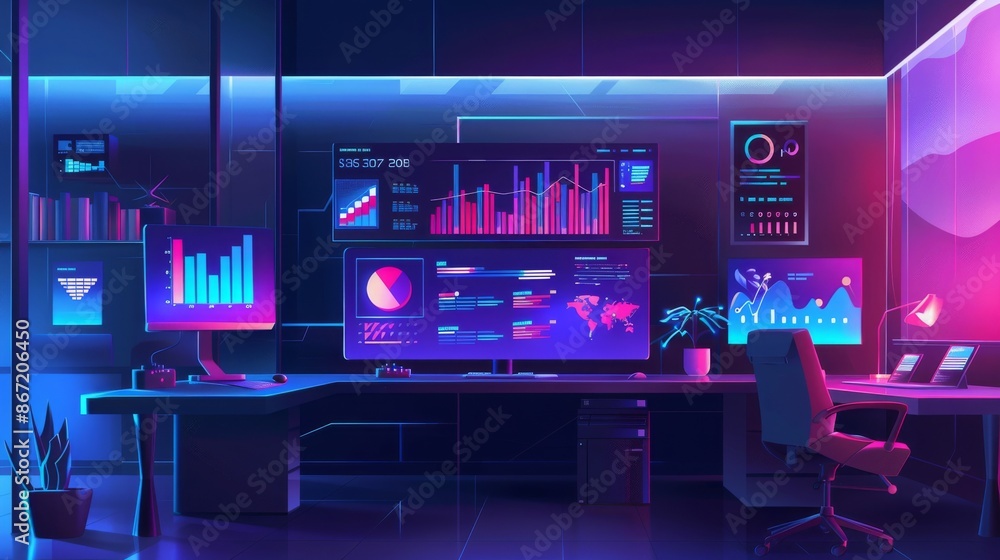Futuristic command center with multiple monitors displaying data visualizations and analytics. Concept of technology, big data, business intelligence, and cybersecurity. Futuristic command center with multiple monitors displaying data visualizations and analytics. Concept of technology, big data, business intelligence, and cybersecurity.