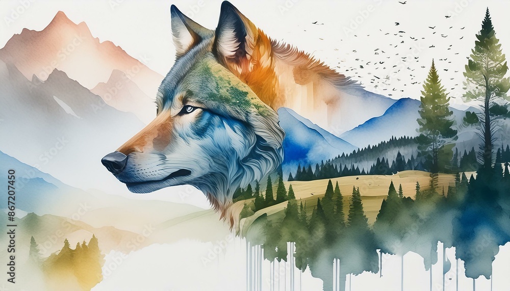 Watercolor double exposure with wolf and nature background with ...