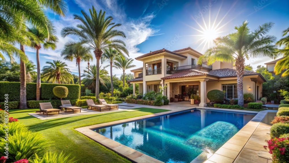 The image shows a beautiful house with a pool. The house is surrounded by palm trees and has a large backyard with a pool and a patio. The image shows a beautiful house with a pool. The house is surrounded by palm trees and has a large backyard with a pool and a patio.