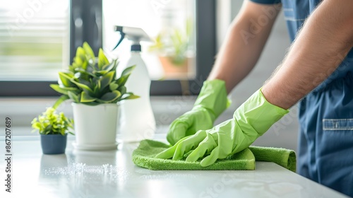 Wallpaper Mural A professional cleaning service worker wearing gloves is cleaning the table with a microfiber cloth Torontodigital.ca