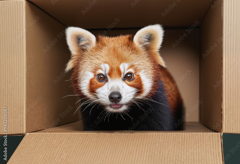 Obraz premium Playful red panda peeking out of a cardboard box