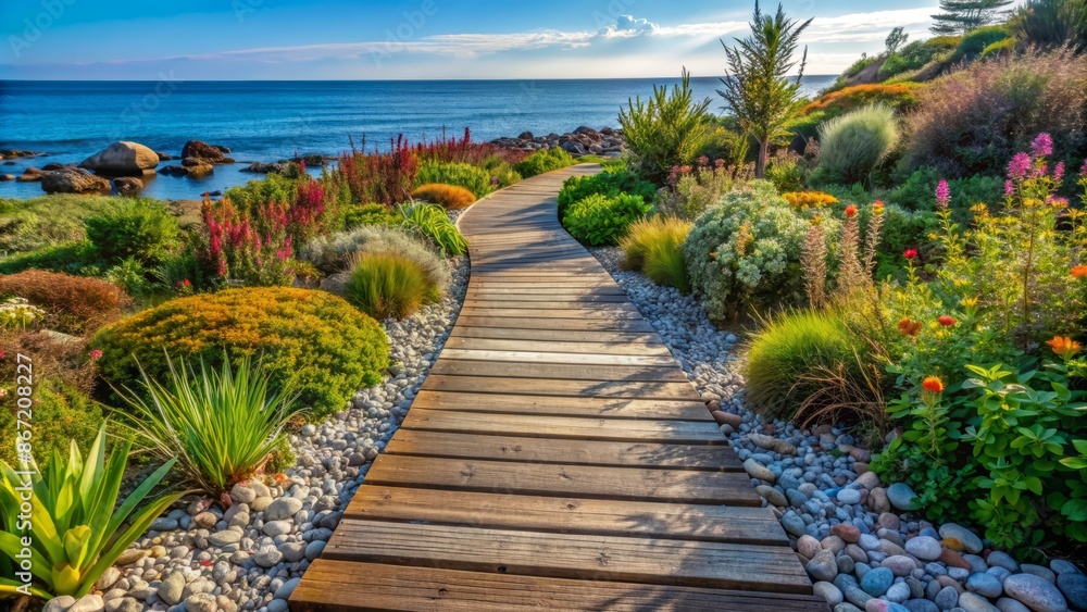 Obraz premium A wooden walkway winds through a lush garden of flowers and plants, with the ocean in the distance.